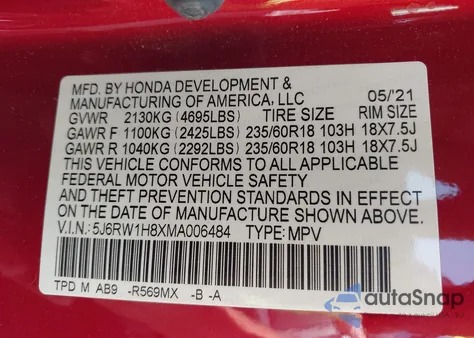 2021 Honda Cr-V 2Wd Ex-L из США, поврежденный, VIN 5J6RW1H8XMA006484